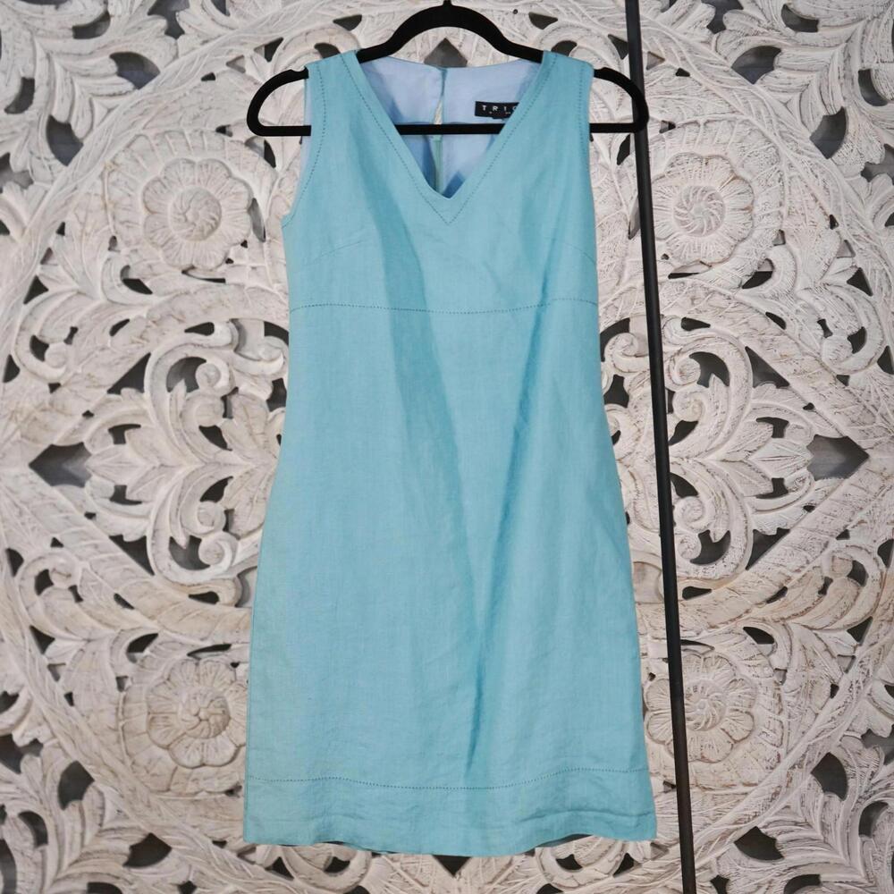 Vintage TRIO Aqua Blue 100% Linen Dress 4 V-Neck Sheath Made in USA